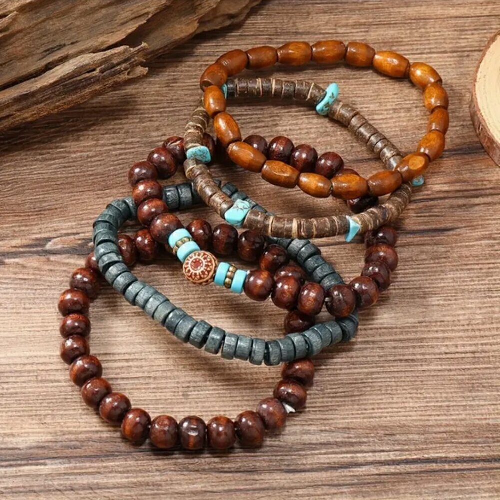 Natural Wood Beaded Charm Bracelets, Set of 5, Stretch Fit, NEW